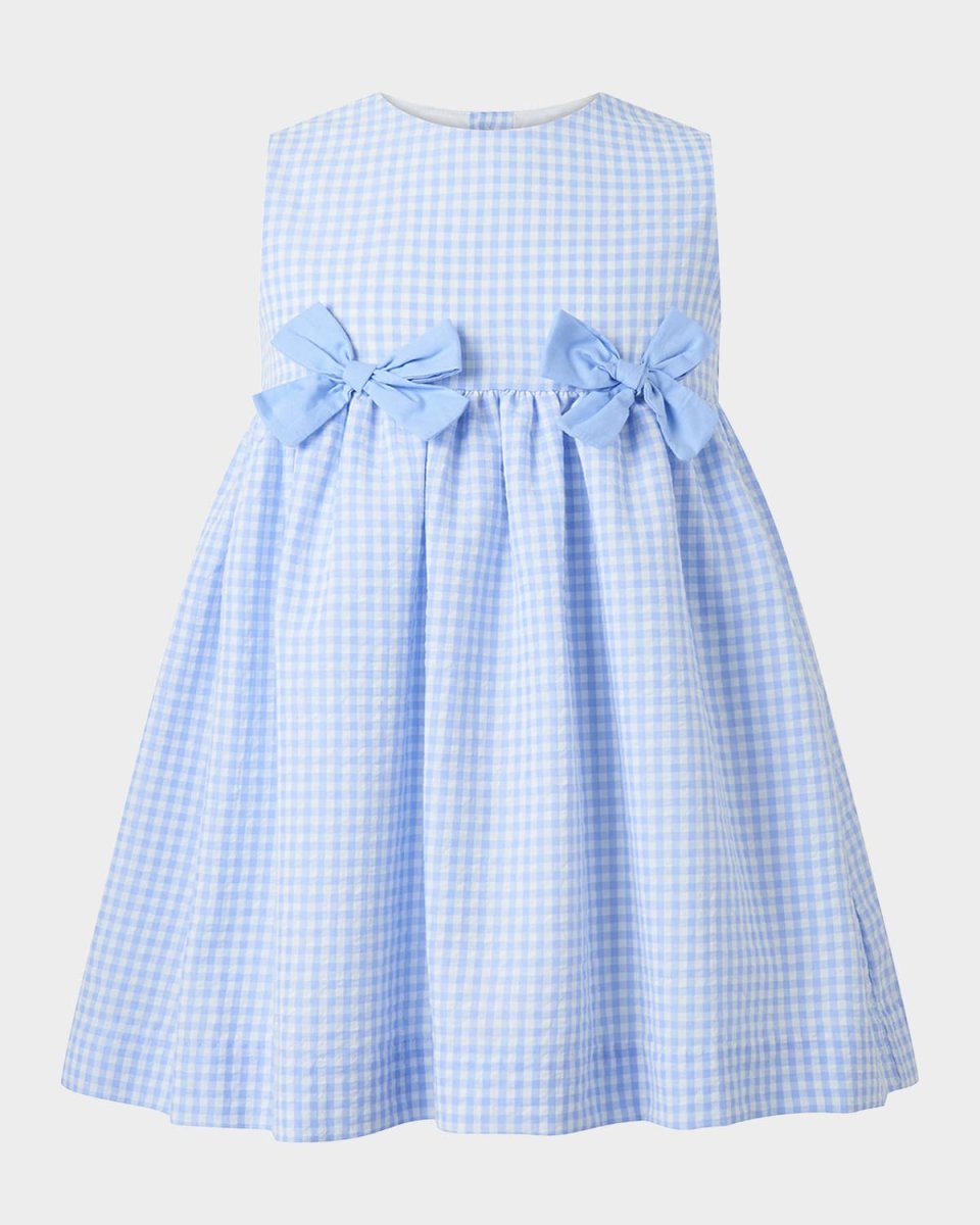 Girl's Gingham-Print Bow Dress W/ Bloomers, Size 6M-24